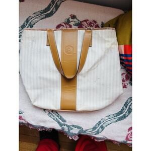 Fendi Pequin Stripe Coated Canvas Cream Shoulder Bag Hand Bag Very Worn